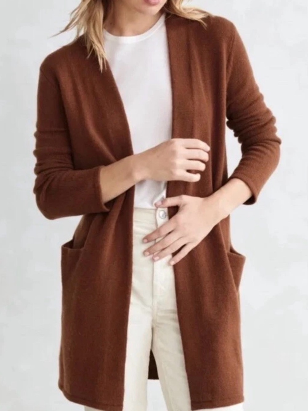 Jenni Kayne Womens Brown Cashmere Open Front Pocket Cardigan Sweater S